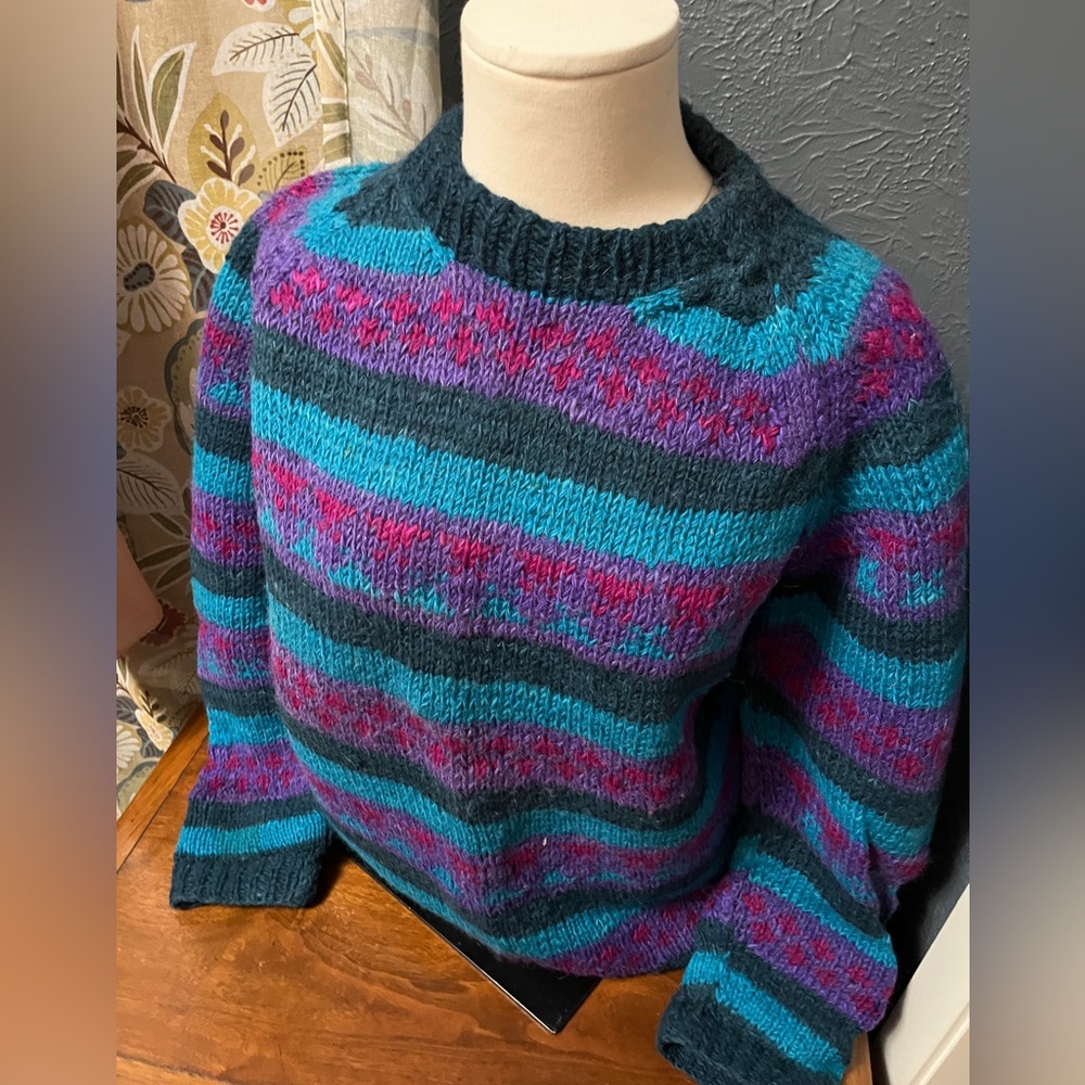 Vintage 100% Wool Colorful Striped Women's Sweater Sz XL